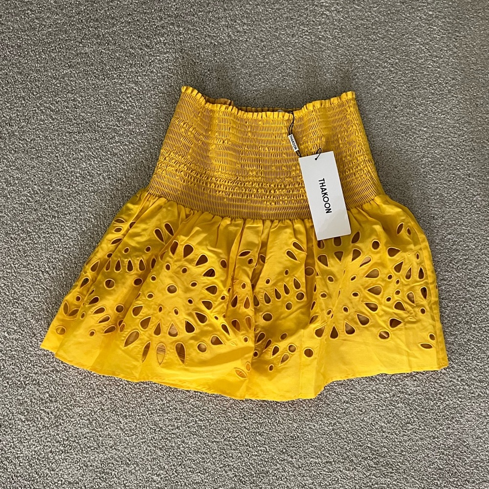 NWT Thakoon Yellow Smocked Eyelet Mini Skirt